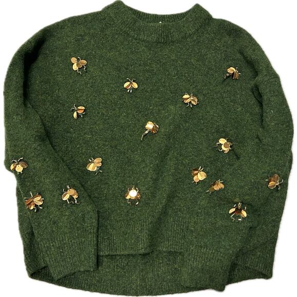 H&M Emerald Green Lightning Bug Dragonfly Gold Beaded Fairy Sweater Sz S - Picture 3 of 8